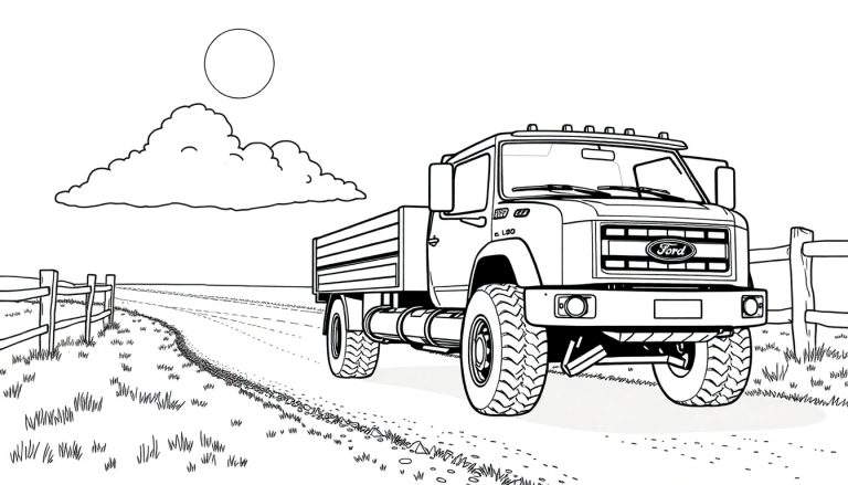 Camion Ford dessiné, prêt pour l'aventure, sur un chemin de campagne avec une clôture, sous un grand nuage et un soleil, style color panel.