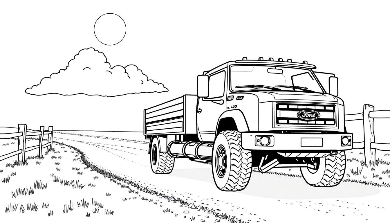 Camion Ford dessiné, prêt pour l'aventure, sur un chemin de campagne avec une clôture, sous un grand nuage et un soleil, style color panel.