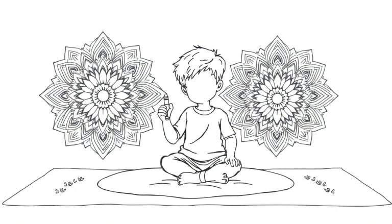 Enfant dessinant des mandalas sur un tapis, dans un color panel.