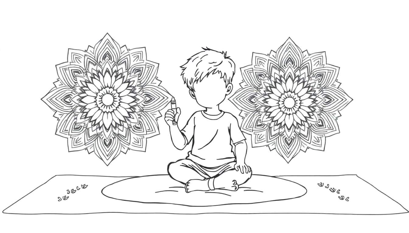 Enfant dessinant des mandalas sur un tapis, dans un color panel.