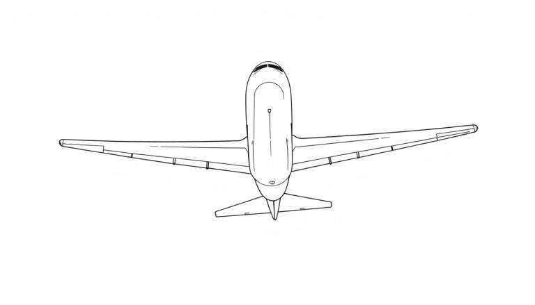 Dessin au trait d'un avion vu du dessus, avec un fuselage long et étroit et une queue en T.