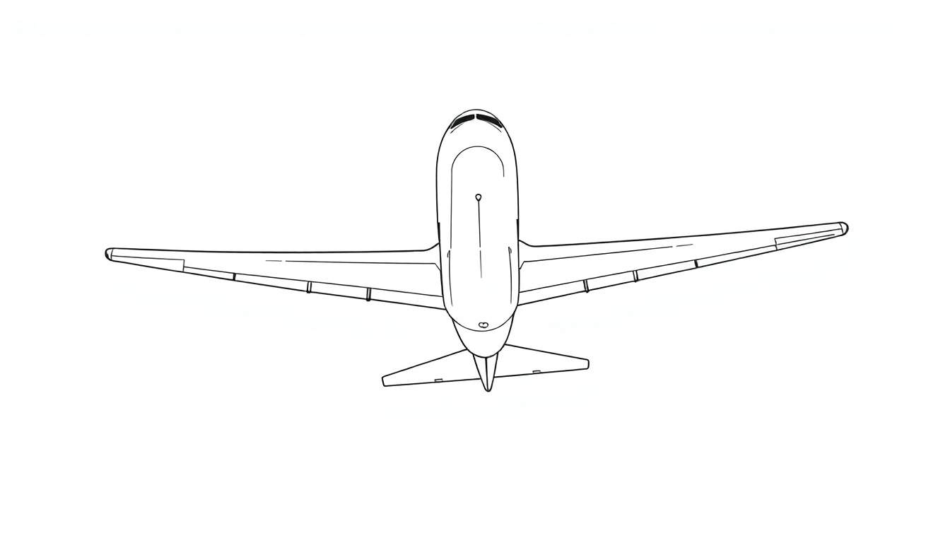 Dessin au trait d'un avion vu du dessus, avec un fuselage long et étroit et une queue en T.
