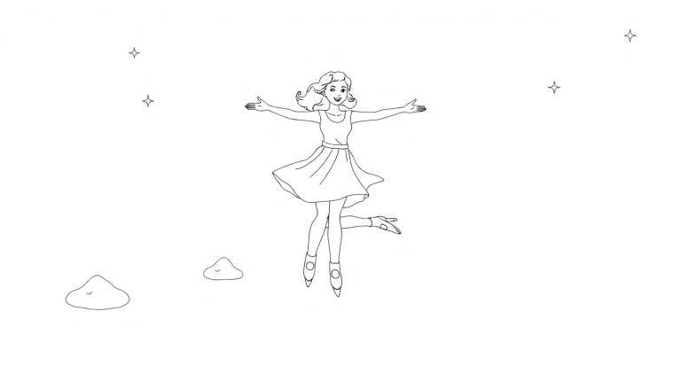 Dessin au trait d'une femme en patins à glace volant dans un ciel étoilé avec des nuages.