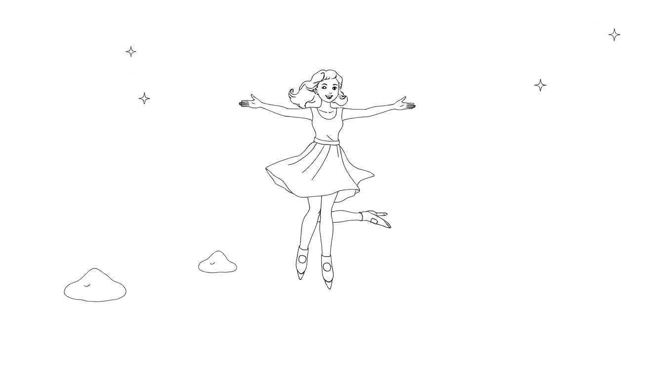 Dessin au trait d'une femme en patins à glace volant dans un ciel étoilé avec des nuages.