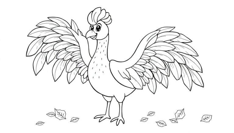 Un oiseau coloré en train de parader, parfait pour un coloriage.