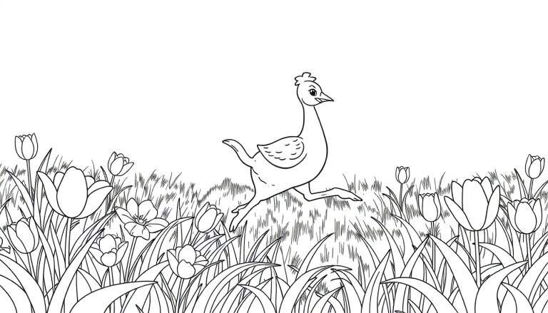 Un oiseau qui court joyeusement dans un champ de tulipes et d'herbe, prêt à être colorisé dans ce color panel.