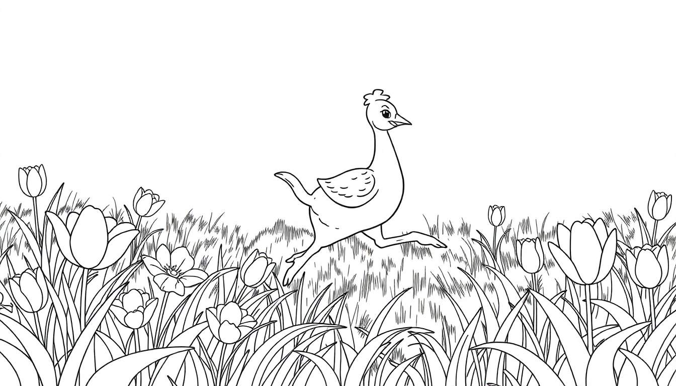 Un oiseau qui court joyeusement dans un champ de tulipes et d'herbe, prêt à être colorisé dans ce color panel.