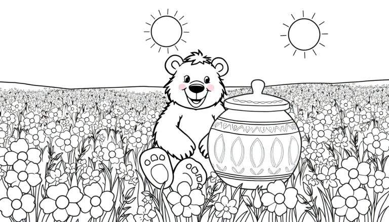Un dessin au trait d'un ours souriant assis à côté d'un pot dans un champ de fleurs, faisant partie d'un color panel.
