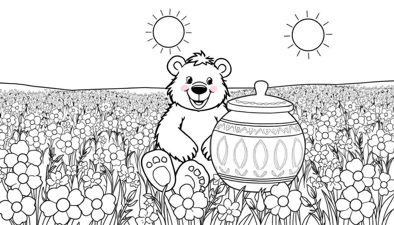 Un dessin au trait d'un ours souriant assis à côté d'un pot dans un champ de fleurs, faisant partie d'un color panel.