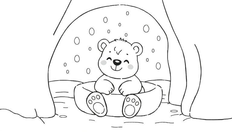 Un ourson polaire souriant assis dans un bain dans une grotte, prêt à être coloré.