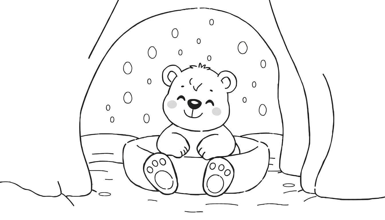 Un ourson polaire souriant assis dans un bain dans une grotte, prêt à être coloré.