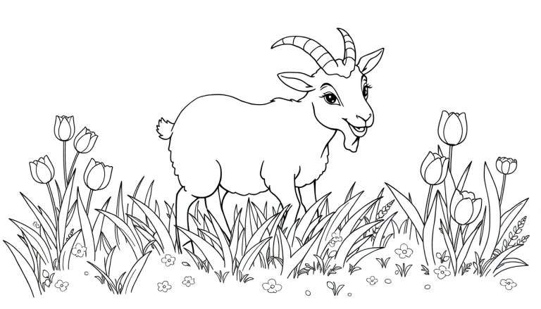 Une chèvre joyeuse tire la langue dans un pré fleuri, dessinée en noir et blanc pour un color panel.