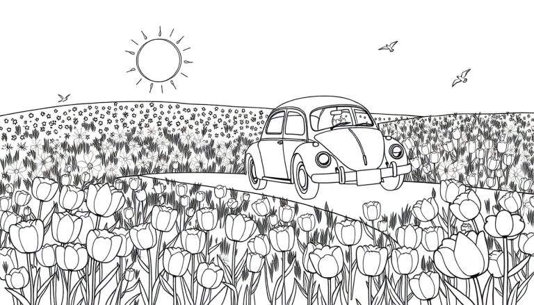 Un dessin au trait d'une Coccinelle Volkswagen dans un champ de tulipes, avec un soleil et des oiseaux dans le ciel.