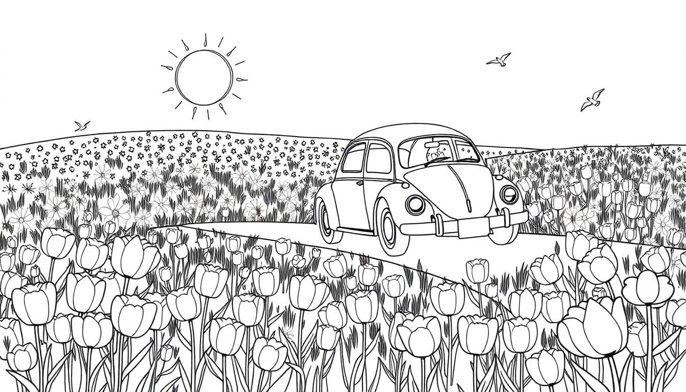 Un dessin au trait d'une Coccinelle Volkswagen dans un champ de tulipes, avec un soleil et des oiseaux dans le ciel.