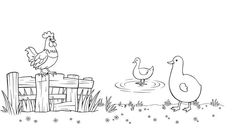 Un coq sur une clôture près de canards dans un color panel.