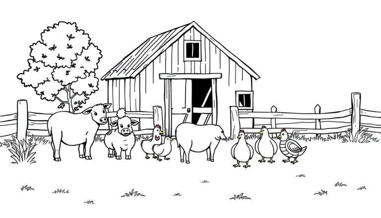 Une ferme ensoleillée avec une grange, un arbre et des animaux de la ferme heureux.