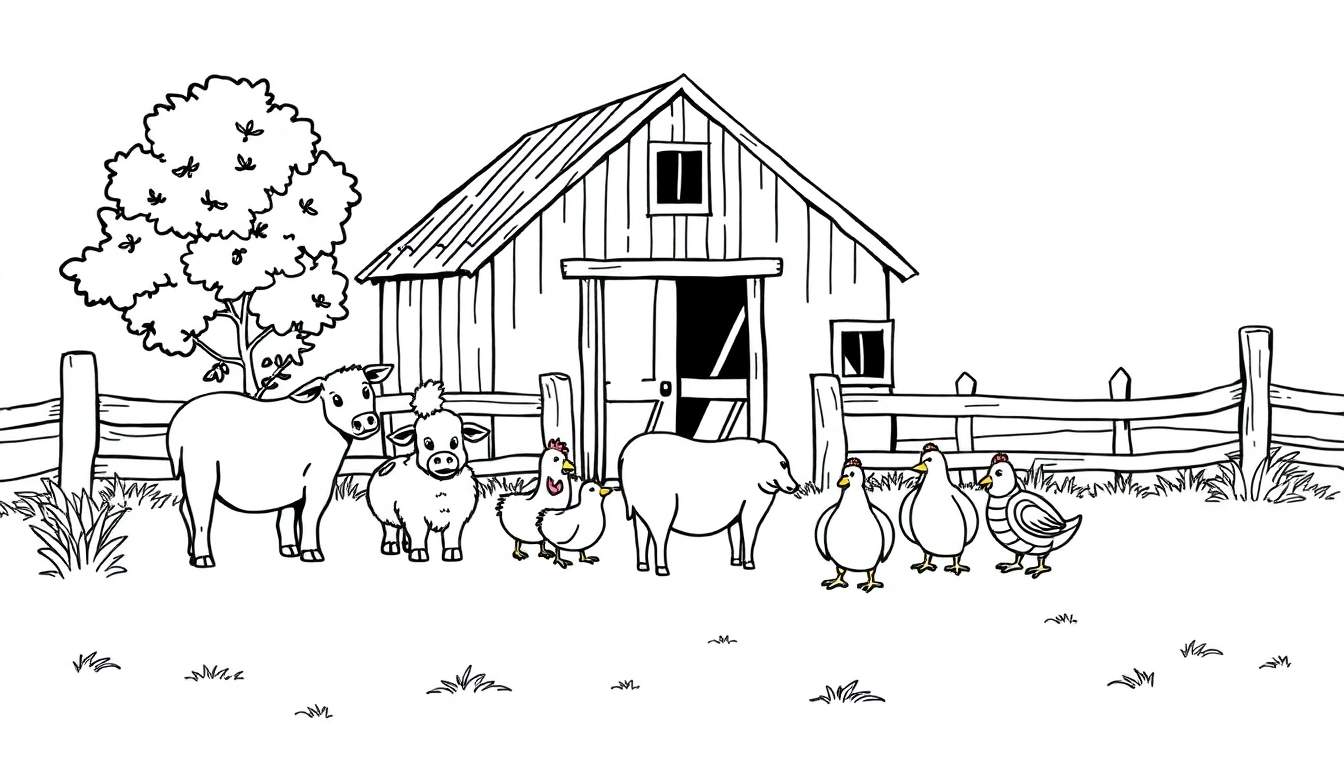 Une ferme ensoleillée avec une grange, un arbre et des animaux de la ferme heureux.