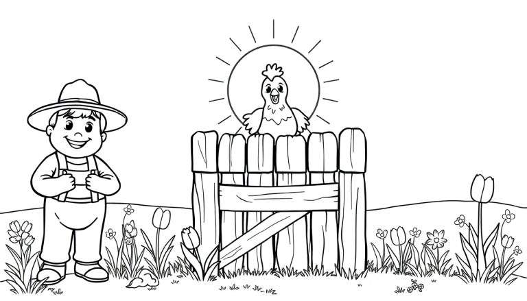 Un dessin au trait d'un jeune garçon fermier à côté d'une clôture avec un poulet et le soleil, avec des fleurs au premier plan, prêt pour un color panel.