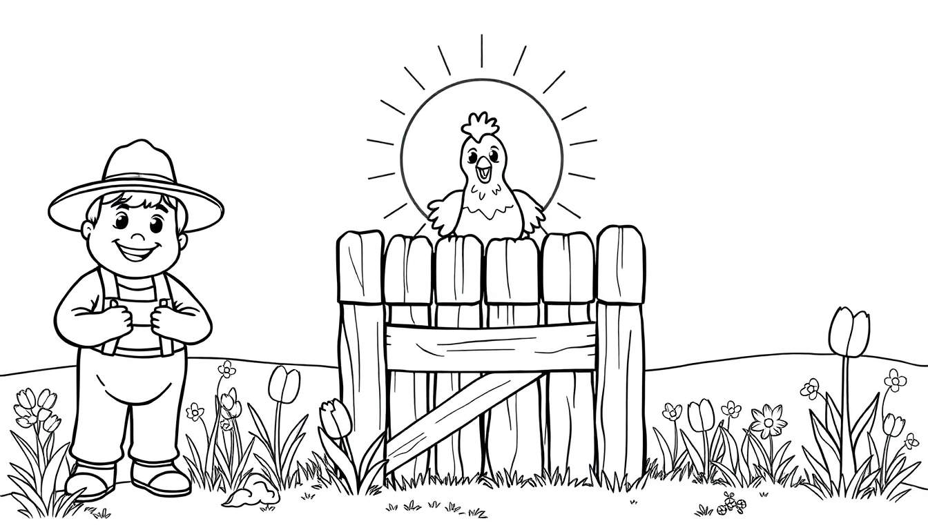 Un dessin au trait d'un jeune garçon fermier à côté d'une clôture avec un poulet et le soleil, avec des fleurs au premier plan, prêt pour un color panel.