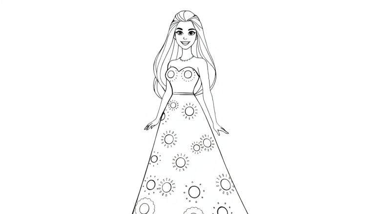 Jeune fille souriante avec une robe ornée de soleils, un panneau de couleurs à proximité.