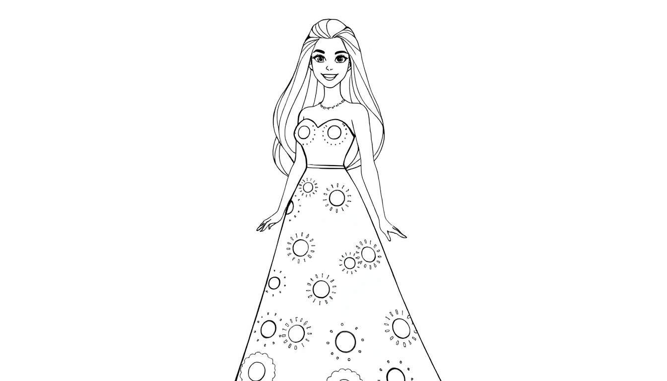Jeune fille souriante avec une robe ornée de soleils, un panneau de couleurs à proximité.