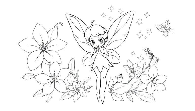 Un dessin au trait noir et blanc d'une petite fée aux ailes de fée, aux cheveux courts et bouclés, portant une tunique de feuilles, les mains jointes près de son visage, entourée de fleurs, de feuilles, d'étoiles et d'un papillon dans un color panel.