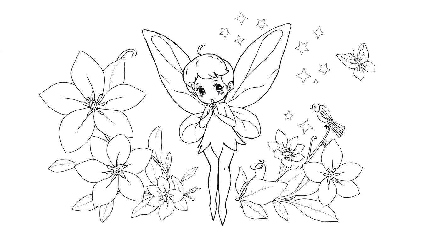 Un dessin au trait noir et blanc d'une petite fée aux ailes de fée, aux cheveux courts et bouclés, portant une tunique de feuilles, les mains jointes près de son visage, entourée de fleurs, de feuilles, d'étoiles et d'un papillon dans un color panel.