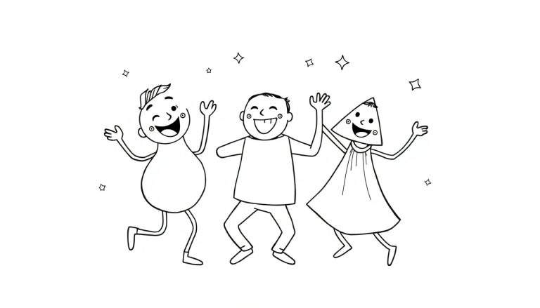 Illustration en noir et blanc de trois formes géométriques dansantes : un cercle rond, un carré et un triangle, avec des étoiles scintillantes.