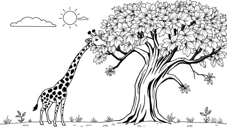 Dessin au trait d'une girafe mangeant des feuilles d'un arbre sous un soleil et un nuage, un color panel de sérénité.