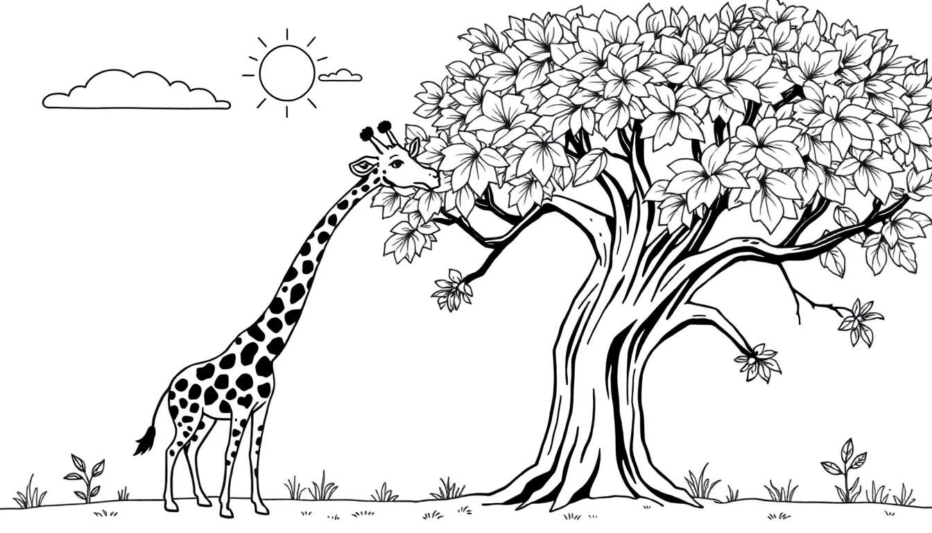 Dessin au trait d'une girafe mangeant des feuilles d'un arbre sous un soleil et un nuage, un color panel de sérénité.