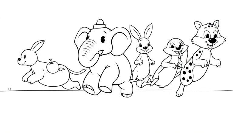 Dessin au trait d'animaux en joyeuse course dans un color panel.