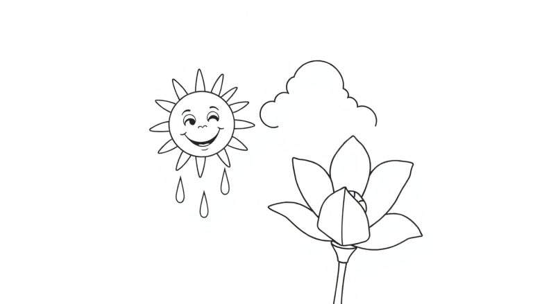 Un soleil souriant, un nuage, des gouttes de pluie et une fleur de lotus dans un color panel.