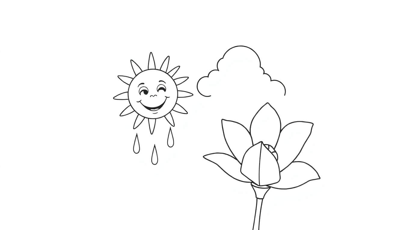 Un soleil souriant, un nuage, des gouttes de pluie et une fleur de lotus dans un color panel.