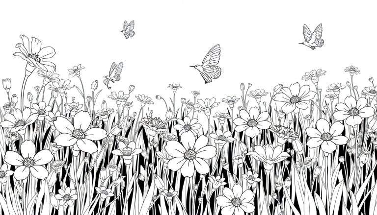 Un champ de fleurs sauvages en noir et blanc avec des papillons, prêt à être coloré comme un color panel.