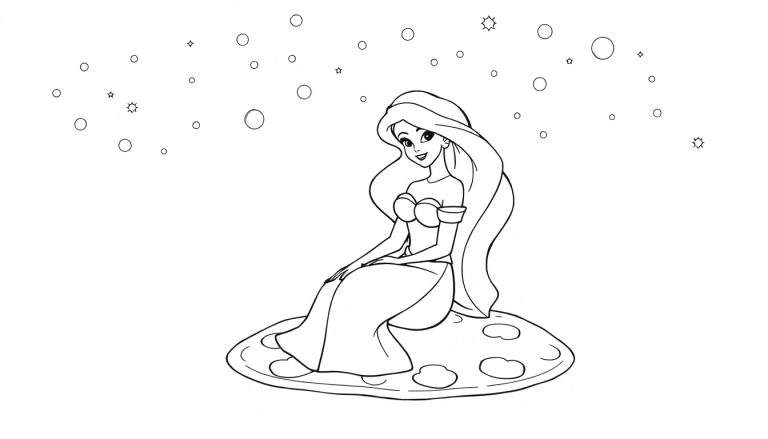 Une princesse aux longs cheveux ondulés assise sur un tapis rond, avec des bulles et des étoiles flottant au-dessus.