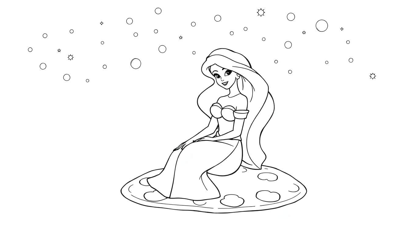 Une princesse aux longs cheveux ondulés assise sur un tapis rond, avec des bulles et des étoiles flottant au-dessus.