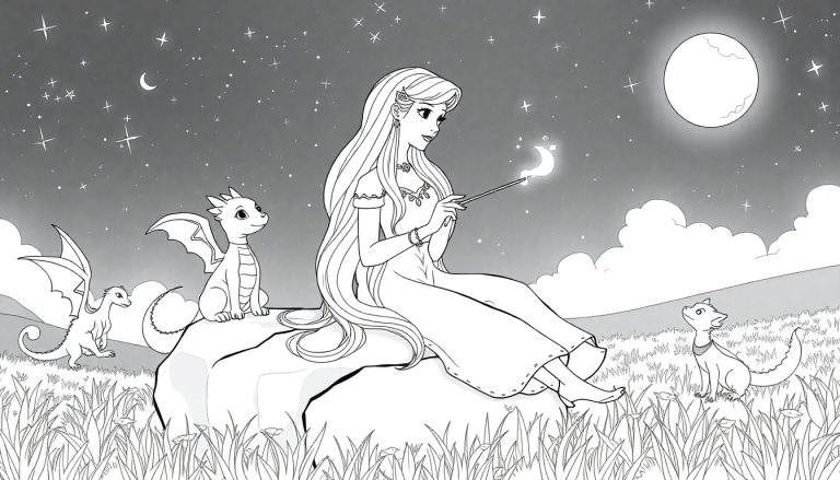 Une jeune femme aux longs cheveux tisse une magie lunaire avec une baguette, entourée de petits dragons et d'un paysage étoilé.