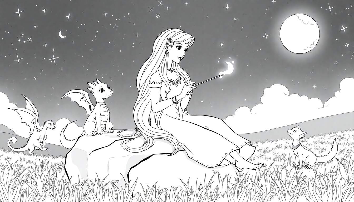 Une jeune femme aux longs cheveux tisse une magie lunaire avec une baguette, entourée de petits dragons et d'un paysage étoilé.