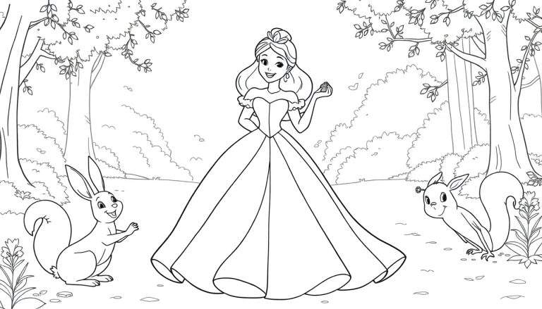 Une princesse Disney avec une robe flottante dans un paysage forestier, entourée d'un lapin et d'un écureuil, prête pour le coloriage.
