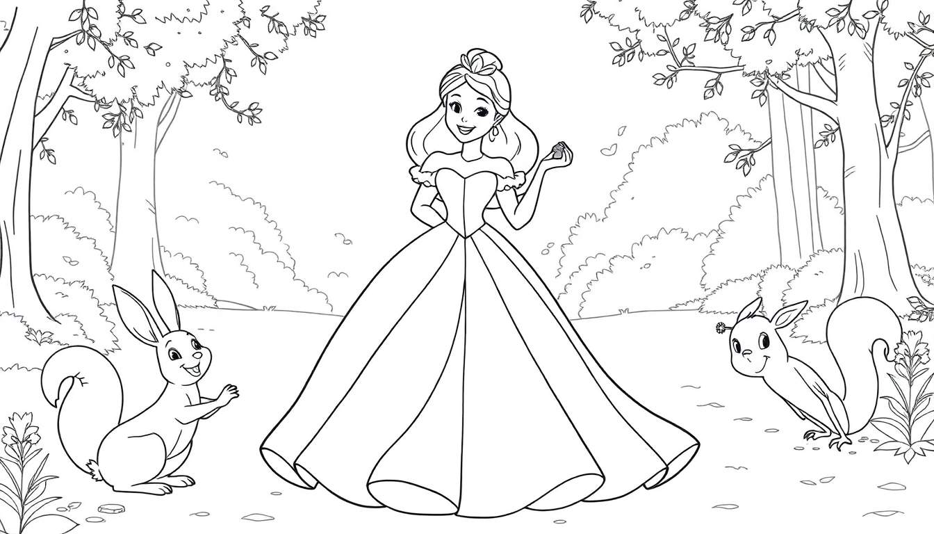 Une princesse Disney avec une robe flottante dans un paysage forestier, entourée d'un lapin et d'un écureuil, prête pour le coloriage.