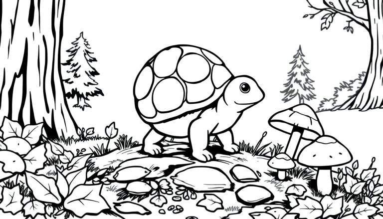 Une tortue dessinée au trait noir et blanc explorant une forêt avec des feuilles et des champignons.
