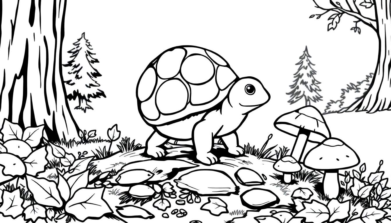 Une tortue dessinée au trait noir et blanc explorant une forêt avec des feuilles et des champignons.