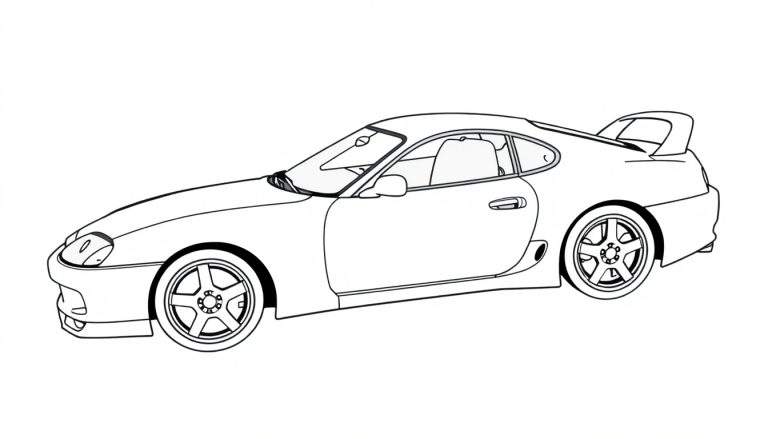 Dessin au trait d'une Toyota Supra A80 de profil, parfaite pour un color panel.