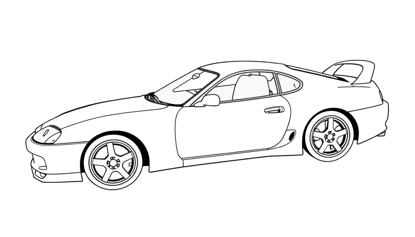 Dessin au trait d'une Toyota Supra A80 de profil, parfaite pour un color panel.