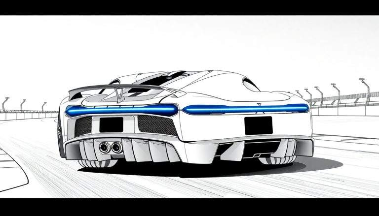 Voiture de sport blanche futuriste avec des feux arrière bleus brillants sur une piste de course, style dessin animé.
