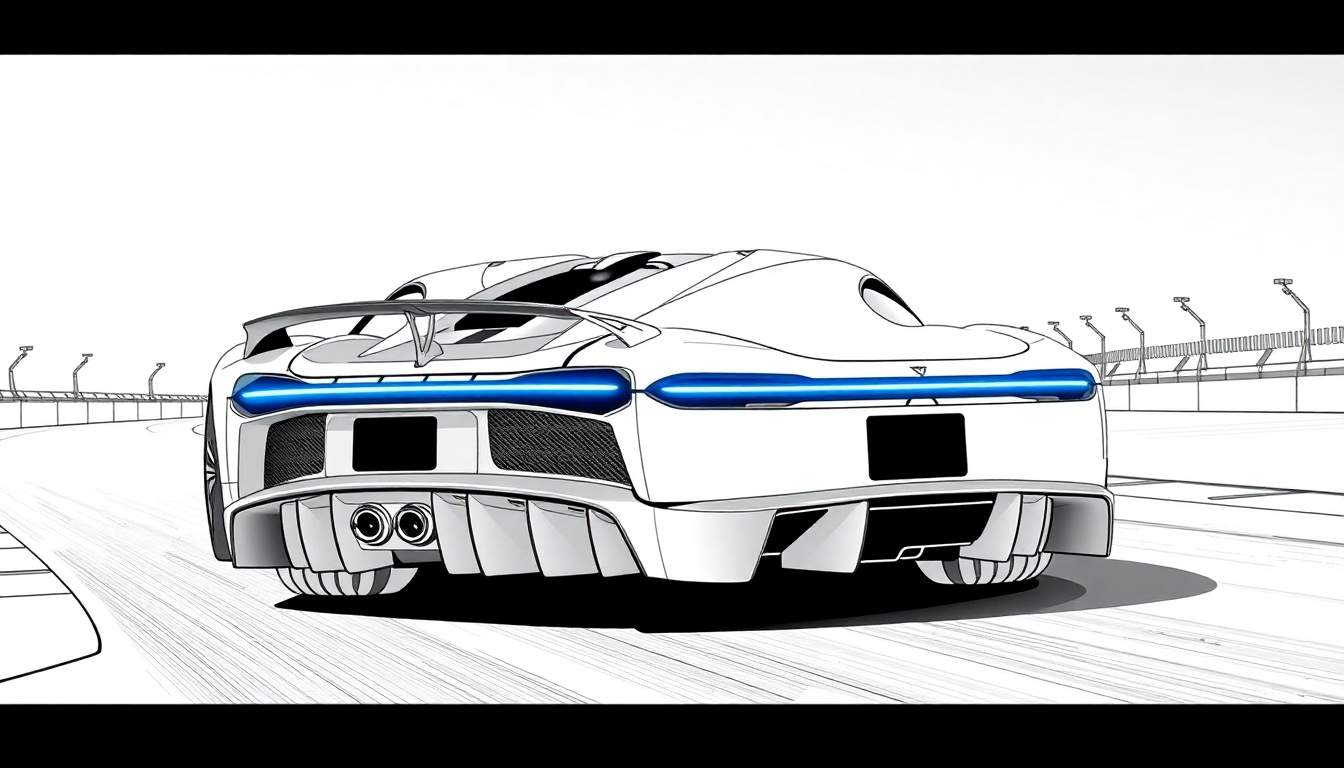 Voiture de sport blanche futuriste avec des feux arrière bleus brillants sur une piste de course, style dessin animé.