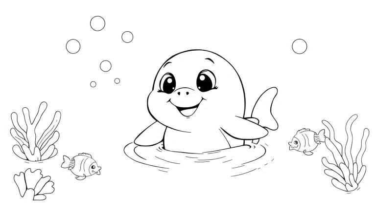 Dessin au trait d'un mignon lamantin souriant dans l'eau, entouré de bulles, d'herbe marine et de deux poissons. Un excellent panneau coloré pour les enfants.