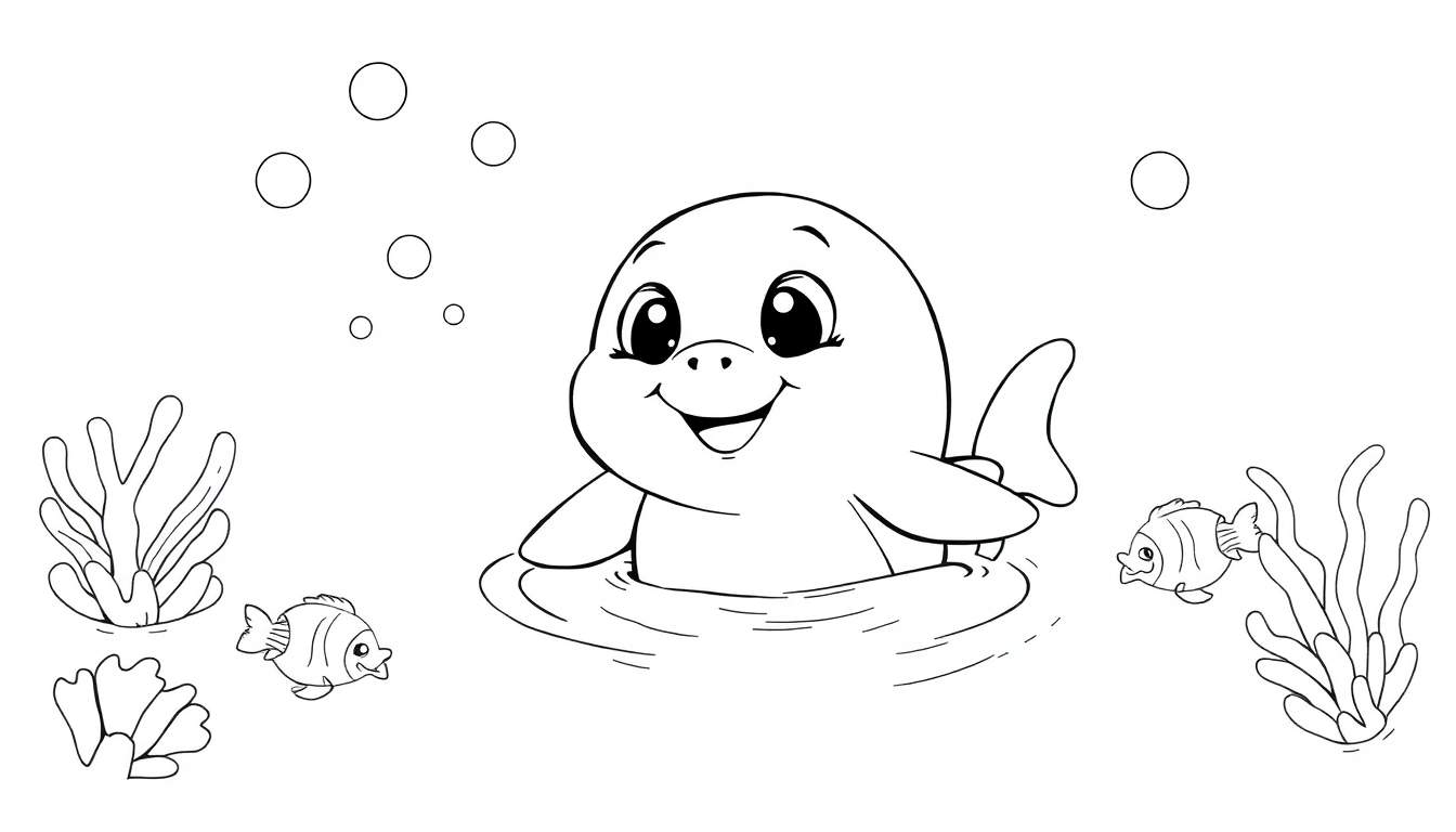 Dessin au trait d'un mignon lamantin souriant dans l'eau, entouré de bulles, d'herbe marine et de deux poissons. Un excellent panneau coloré pour les enfants.