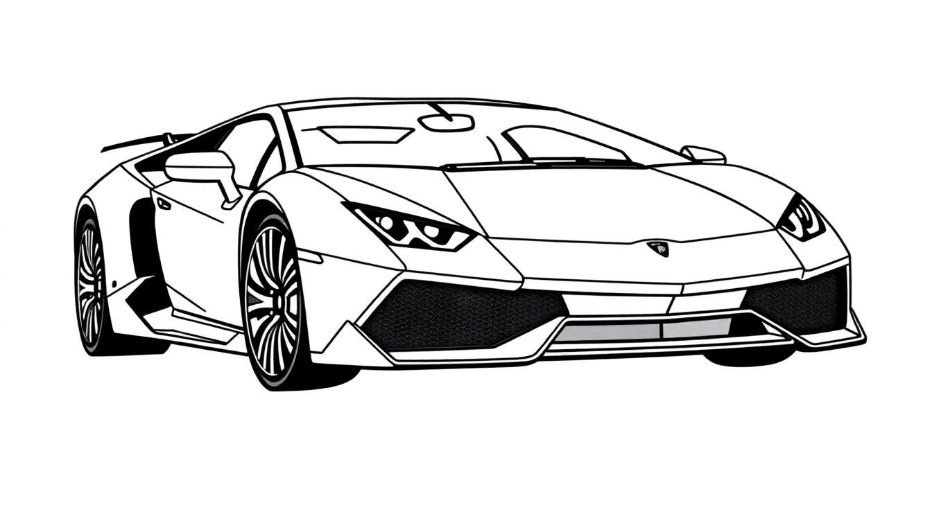 Une voiture de sport Lamborghini style coloriage pour garçons, vue de trois quarts avant, avec des lignes nettes et un fond blanc.
