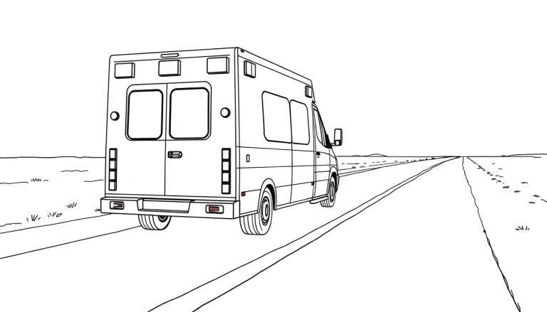 Une ambulance dessinée en noir et blanc sur une route.